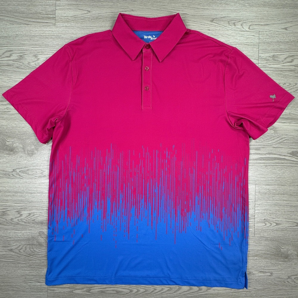 Birdie Bound Men's Polo Shirt‎ Pink Blue Ombre Drip Large Short Sleeve Stretch